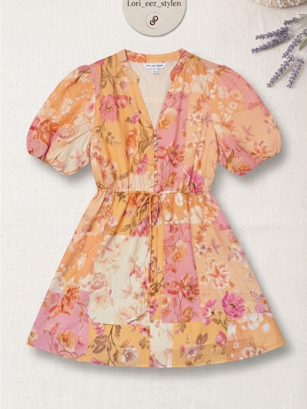 Ever New Patchwork Floral Puff Sleeve Dress in Peach and Pink
